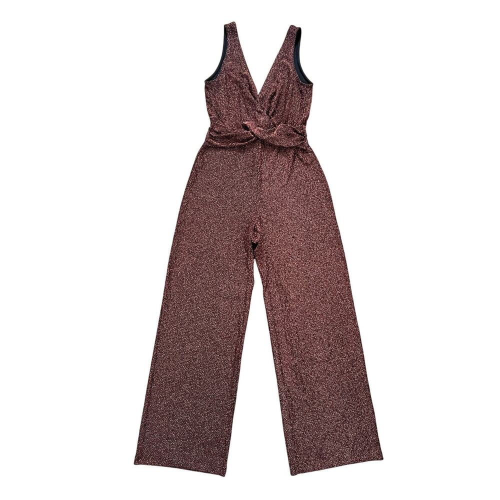 Candie's Twist Front V-Neck Stretchy Sparkle Jumpsuit‎ Rose Gold Shimmer Size S